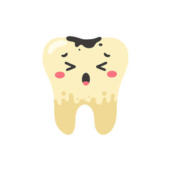 Cartoon teeth and gums inside the mouth are happy with the problem of tooth decay. There are plaque on the teeth.