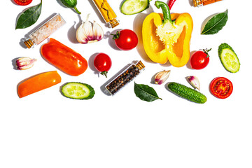 Assorted fresh vegetables and spices isolated on white background