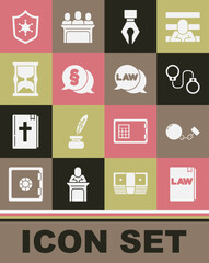 Set Law book, Ball on chain, Handcuffs, Fountain pen nib, Old hourglass, Police badge and icon. Vector