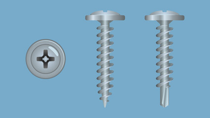 Two types of self-tapping screws. Top and side view on blue background - obrazy, fototapety, plakaty