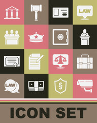 Set Security camera, Briefcase, Judge, Identification badge, Police cap with cockade, Jurors, Courthouse building and Safe icon. Vector