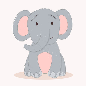 Cute funny baby elephant. Wild african adorable animal character for design of album, scrapbook, card and invitation. Hand draw cartoon colorful vector illustration.