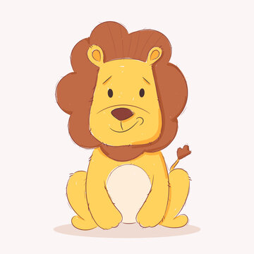 Cute funny baby lion. Wild african adorable animal character for design of album, scrapbook, card and invitation. Hand draw cartoon colorful vector illustration.