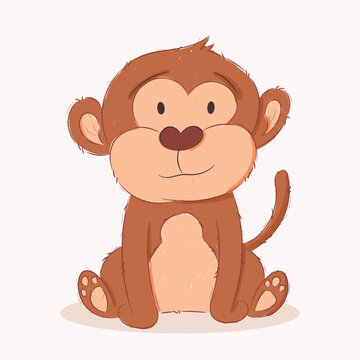 Cute funny baby monkey. Wild african adorable animal character for design of album, scrapbook, card and invitation. Hand draw cartoon colorful vector illustration.