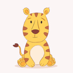 Cute funny baby tiger. Wild african adorable animal character for design of album, scrapbook, card and invitation. Hand draw cartoon colorful vector illustration.