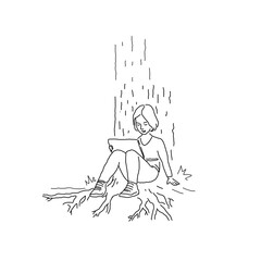 Doodle hand drawn illustration. The girl is sitting under the tree with notebook. Collection.