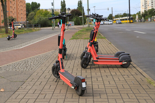 Electric scooters parked on the side of the road in Berlin, August 22 2022