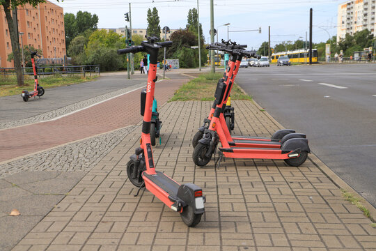 Electric scooters parked on the side of the road in Berlin, August 22 2022