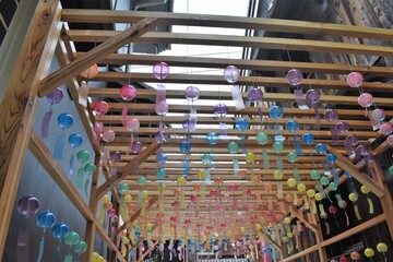 滋賀県、長浜、黒壁スクエア、店先、玄関、風鈴、カラフル、アート、夏の風景、清涼感