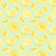 Seamless watercolor lemon slices pattern on light green.Good for kitchen tablecloth,textile,fabrics.