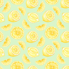 Seamless watercolor lemon slices pattern on light green.Good for kitchen tablecloth,textile,fabrics.