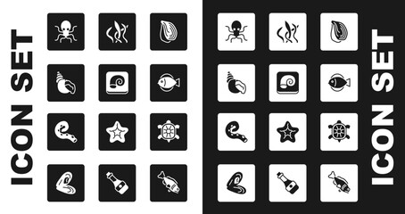 Set Mussel, Octopus on a plate, Scallop sea shell, Fish, Seaweed, Turtle and of tentacle icon. Vector