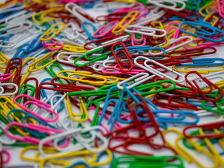 close up selective focus of colorful paperclip as a background and texture with white background in the office
