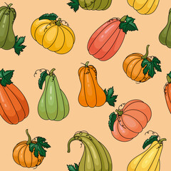 Seamless pattern of colorful pumpkins. Flat style. Vector illustration