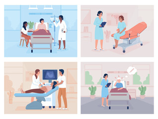 Patients examination in hospital flat color vector illustrations set. Doctor appointment. Healthcare. Fully editable 2D simple cartoon characters with clinic interior on background collection