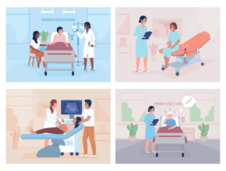 Fototapeta premium Patients examination in hospital flat color vector illustrations set. Doctor appointment. Healthcare. Fully editable 2D simple cartoon characters with clinic interior on background collection