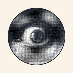 Halftone Male Eye In The Circle. Vector Illustration