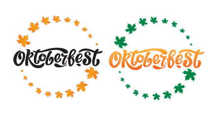 Oktoberfest set of handwritten letter vector design, black letters maple leaves as a circle. Design template event celebration. Title for greeting cards and posters. Bavarian beer Festival banner.