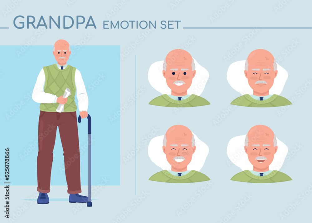 Poster cheerful grandpa semi flat color character emotions set. editable facial expressions. positivity vec