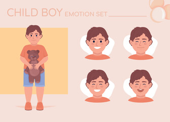 Happy little boy semi flat color character emotions set. Editable facial expressions. Childhood vector style illustration for motion graphic design and animation. Quicksand font used