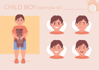 Obraz premium Happy little boy semi flat color character emotions set. Editable facial expressions. Childhood vector style illustration for motion graphic design and animation. Quicksand font used