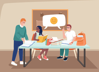 Students working together upon project flat color vector illustration. Cooperation for result. Education process. Fully editable 2D simple cartoon characters with auditorium on background