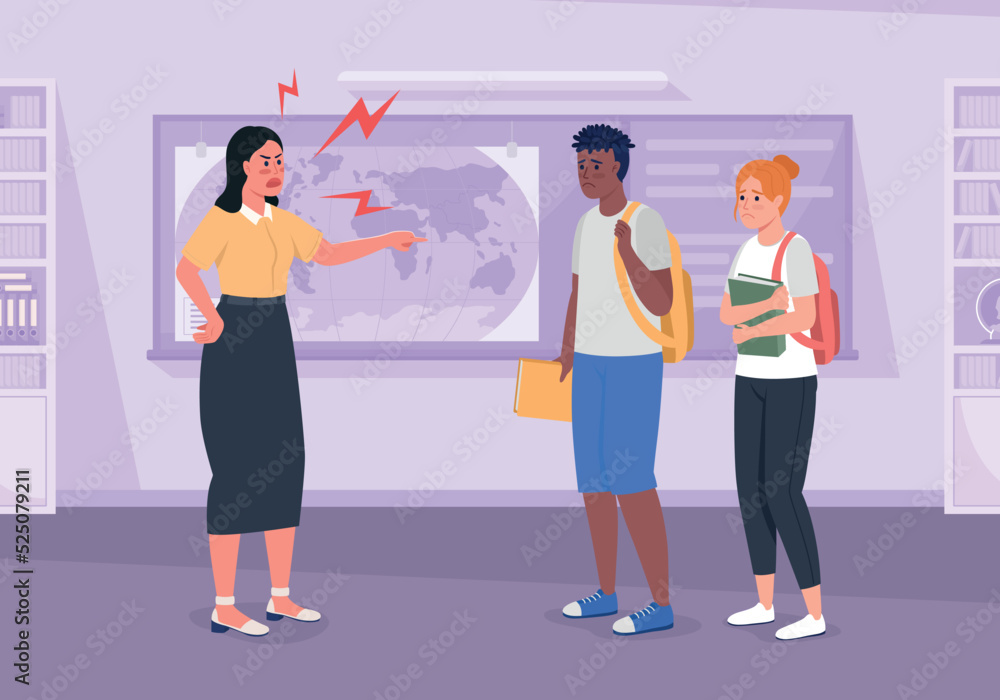 Aufkleber angry tutor scolding guilty students flat color vector illustration. breaking college rules. trouble