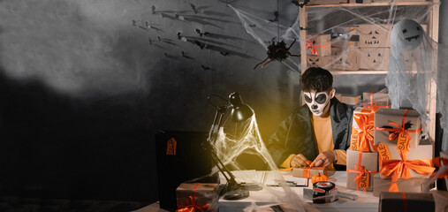 Successful small business owner, freelance makeup artist skeleton preparing package for delivery to customers, small and medium business entrepreneurs, halloween sale, promotions and discounts. 