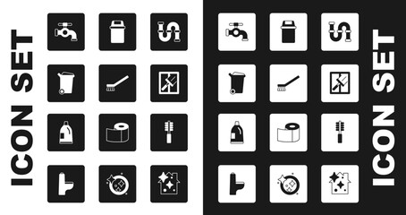 Set Industry metallic pipe, Brush for cleaning, Trash can, Water tap, Rubber cleaner windows, Toilet brush and Bottle agent icon. Vector