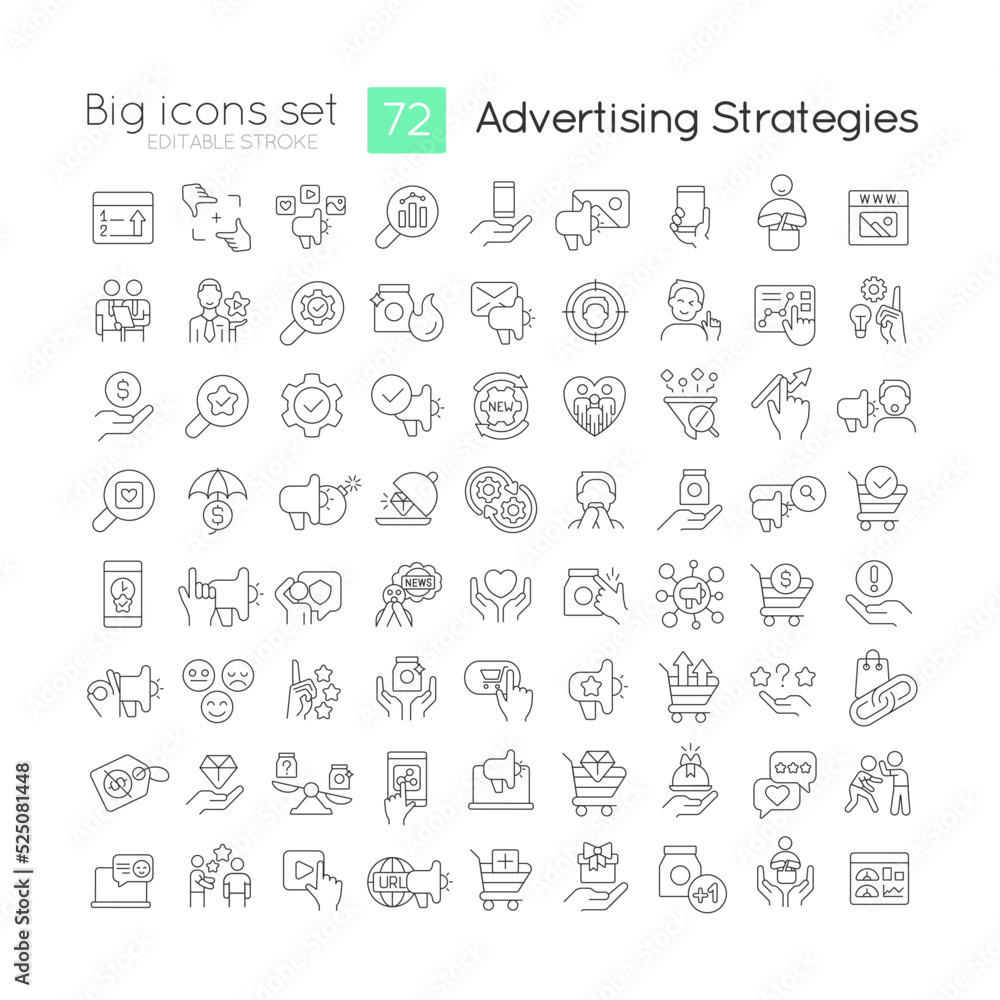 Poster advertising strategies in marketing linear icons set. promoting new products. customizable thin line