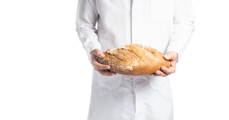 closeup of an unrecognizable baker man with a loaf pan isolated on white background