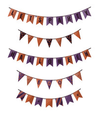 Halloween orange and purple garlands. Halloween patry decor, orange and purple halloween element for kid party. Isolated vector illustration for poster, banner, cover, menu, advertising.
