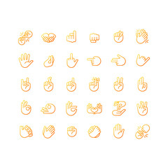 Hand gestures pixel perfect gradient linear vector icons set. Body language. Communication signals. Thin line contour symbol designs bundle. Isolated outline illustrations collection
