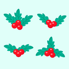 Set of Christmas decoration, red berries with leaves. Vector illustration
