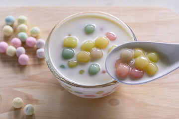 Bua Loi dessert, colorful bua loi in coconut milk soft and chewy dough Sweet and mellow flavor, fragrant coconut milk, Thai dessert.