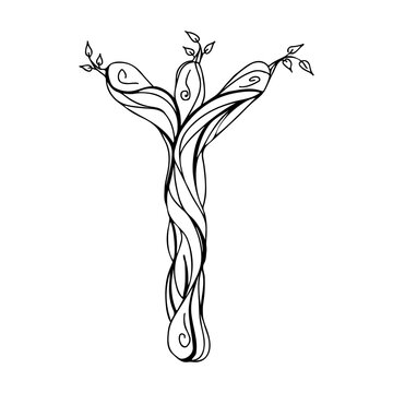 Rune Algiz, Elhaz. Wooden doodle style. Magical amulet chicken foot. Protective talisman from the evil eye. Elder Futhark. The alphabet is Nordic and northern. Viking letters. Magic tattoo.