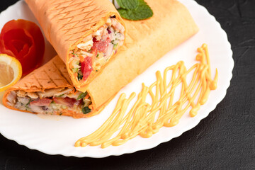 cheese shawarma with chicken, cheese shawarma side view, light background