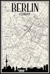 Light printout city poster with panoramic skyline and hand-drawn streets network on vintage beige background of the downtown BERLIN, GERMANY