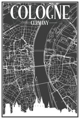 Dark printout city poster with panoramic skyline and hand-drawn streets network on dark gray background of the downtown COLOGNE, GERMANY
