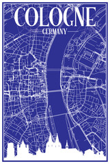 Technical drawing printout city poster with panoramic skyline and hand-drawn streets network on blue background of the downtown COLOGNE, GERMANY