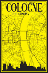 Golden printout city poster with panoramic skyline and hand-drawn streets network on yellow and black background of the downtown COLOGNE, GERMANY