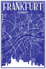 Technical drawing printout city poster with panoramic skyline and hand-drawn streets network on blue background of the downtown FRANKFURT, GERMANY