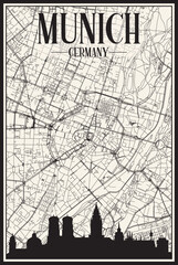 Light printout city poster with panoramic skyline and hand-drawn streets network on vintage beige background of the downtown MUNICH, GERMANY