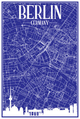 Technical drawing printout city poster with panoramic skyline and hand-drawn streets network on blue background of the downtown BERLIN, GERMANY