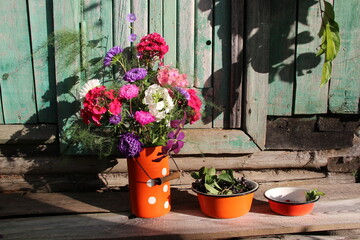 Rustic still life with garden flowers in can, aronia berries and strawberry in bowl on old wooden floor near door in sun light