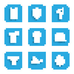 Obraz premium Set Location with fire flame, Pan, Fire, Emergency call, Smoke alarm system, extinguisher, Firefighter axe and escape icon. Vector