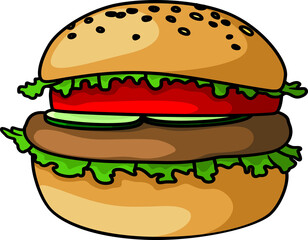 Burger with chop, tomato and cucumbers, sesame bun