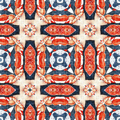 Navy blue red azulejos tile style banana fashion scarf print. Seamless pattern in coastal living maritime style design. Modern abstract cotton linen effect fabric background. 