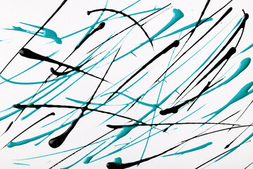 Thin turquoise and black lines and splashes drawn on white background. Abstract art backdrop