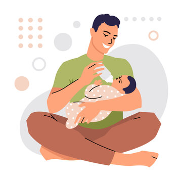 A Young Man Sits On The Floor And Feeds His Baby With Milk From A Bottle. A Father With A Newborn Baby In His Arms. Concept Of Parental Leave And Child Care. Flat Style. Vector Isolated.